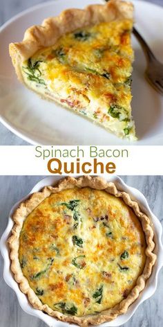 spinach and bacon quiche on a white plate