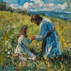 an oil painting of two women in a field with wildflowers and blue sky