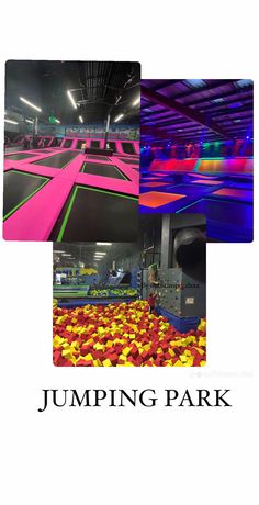 an advertisement for jumping park in the middle of a room filled with balls and other things