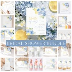 the bridal shower bundle includes blue and yellow flowers, lemons, and other items