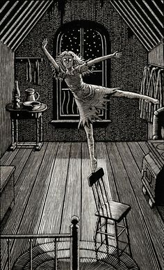 a black and white drawing of a woman dancing on a wooden floor in an attic