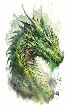 a watercolor painting of a green dragon