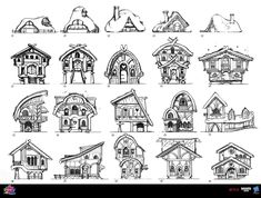 various types of houses drawn by hand