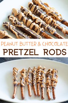 peanut butter and chocolate pretzel rods on a white plate with text overlay