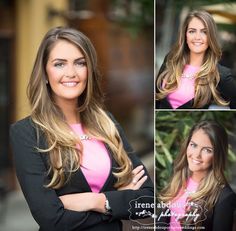 a woman with long hair wearing a pink shirt and black blazer smiling at the camera