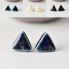 Ceramic triangle earrings and sterling silver posts. Geometric stud earrings for men and women. Unique, simple and inexpensive studs for every day. Handmade ceramic jewelry. Gifts for him and her. COLORS - Light beige - Navy blue with silver effect - Metallic brown - Dark green with black speckles ELABORATION Each ceramic piece is carefully modeled with white clay and hand painted with special ceramic glazes. Two firings of up to 1200 º C are necessary in a ceramic kiln. The entire manufacturing Blue Geometric Jewelry For Gifts, Handmade Minimalist Triangle Earrings, Elegant Blue Geometric Jewelry, Handmade Silver Geometric Earrings, Handmade Blue Geometric Earrings, Handmade Ceramic Jewelry, Stud Earrings For Men, Geometric Studs, Triangle Studs