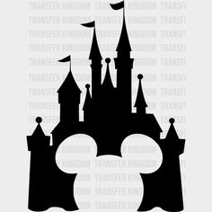 the silhouette of a castle in black and white, with an image of mickey mouse's head