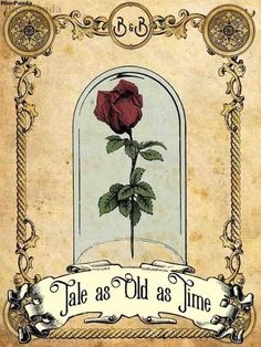 a rose in a glass case with the words tale as old as time