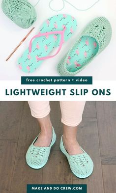 crochet slip ons with text overlay that reads, free crochet pattern and video light weight slip ons