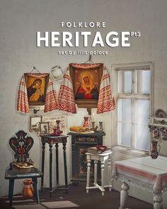 the cover of folklore heritage magazine, featuring an old fashioned room with antique furniture and paintings