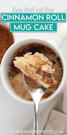 a spoon full of cinnamon roll mug cake in a white cup with text overlay