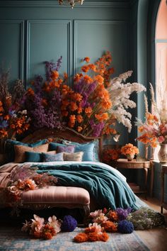 a bedroom with blue walls and flowers on the bed