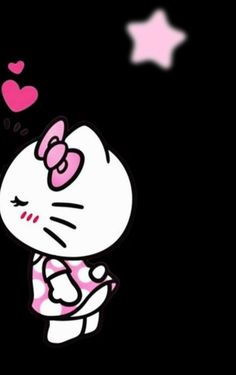 the hello kitty wallpaper has hearts coming out of her head and eyes, with stars in the background