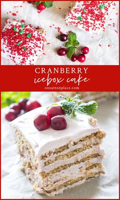 cranberry icebox cake with white frosting and cherries on the top