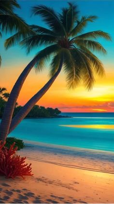 a painting of palm trees on the beach at sunset