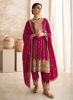 Buy Indian Dress - Rani Pink Multi Embroidery Anarkali Dhoti Pant Suit Shop Indian Clothes In USA, UK, Canada, Germany, Mauritius, Singapore With Free Shipping Worldwide. Silk Pant Suit, Designer Salwar Kameez, Frock Style, Lehenga Suit, Silk Suits, Designer Salwar, Silk Bottoms, Designer Salwar Suits, Party Kleidung