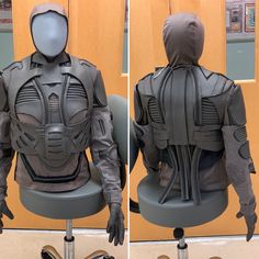 The top half of a display mannequin, front and back, wearing an in-process Stillsuit Dune Outfit, Dune Cosplay, Costumes Male, Futuristic Costume