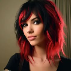 45 Stunning Black Hair with Highlights Ideas Red Hair That Looks Black, Fun Hair Color Ideas For Short Hair, Red And Black Hair Styles, Short Black Hair With Red Highlights, Red Hair With Black Underneath, Black And Red Ombre Hair, Black Hair With Red Streaks, Bright Red Hair With Black Highlights, Edgy Red Hair