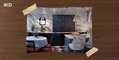 a kitchen and dining room are shown in this collage