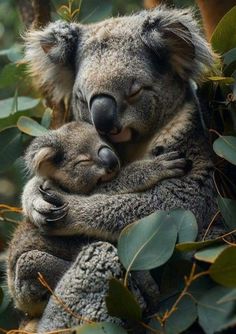 two koalas cuddle together in a tree