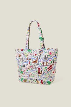 Weekend shopping trip? This shopper is essential. Designed in soft, cotton canvas, it features a fun London print with long, sturdy straps for comfort while you're out and about. London Map Print, London Map, Sun With Sunglasses, London Print, Kit Bag, Waterproof Jewelry, Out And About, Girls Jewelry