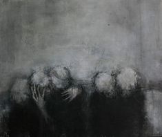 a black and white painting with three people in it