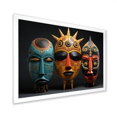 three colorful masks are lined up against a black background