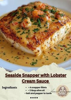 grilled snapper with lobster cream sauce on a white plate, in front of a piece of parchment paper