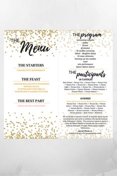 a menu with gold confetti on it