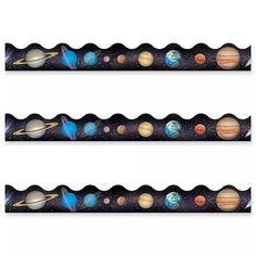 the solar system wall decals are shown in three different sizes and colors, with planets on