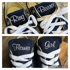 Are you looking for a great idea for the kids in your wedding? Look no further, I will personalize their shoes!! They can say flower girl, ring bearer or their name, its all up to you. What a cute way to dress up a pair of Chucks. You can put a small monogram, a short name or even a cute little design. The possibilities are endless. Message me with your ideas. I do all custom work, so if you don't see it, just request it. I can do hi tops for an additional fee! Childrens Sizes www.etsy.com/your/ Ring Bearer Shoes, Flower Girl Ring Bearer, Girl Ring Bearer, Blossom Wedding, Bearer Outfit, Flower Girl Shoes, Dream Wedding Ideas Dresses, Future Wedding Plans, Cute Wedding Ideas