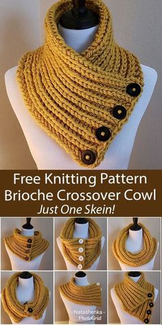 a crocheted cowl with buttons on it and the words free knitting pattern just one skein