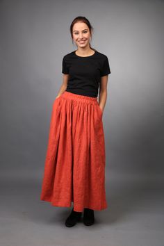 Linen skirt / Long Loose Linen skirt / Linen maxi by LinenCloud Linen Pleated Long Skirt, Linen Flowy Skirt With Lining, Flowy Linen Pleated Skirt, Linen Flared Gathered Skirt, Linen Long Skirt With Pockets, Linen Long Skirt With Relaxed Fit, Linen Pleated Skirt Bottoms, Linen Skirt With Relaxed Fit And Lining, Linen Skirt With Side Pockets And Relaxed Fit