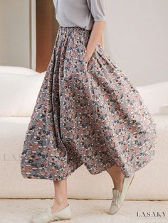 Lasaky - Literary Style Cotton Printed Midi Skirt with Small Floral Pattern, High Waist, and Flowy Hemline Small Floral Pattern, Swimwear Sets, Printed Midi Skirt, Swimsuit Dress, Satin Skirt, Types Of Skirts, Gray Background, Full Skirt, Flare Skirt