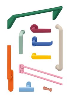 an assortment of different colored handles and hooks on a white background with clippings