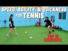 two people in a room playing tennis with the words speed, agility & quickness for tennis's top 10 exercises