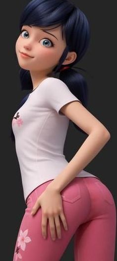 a cartoon girl with blue hair and pink pants is posing for the camera, her hand on her hip