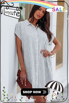 Gray Short Sleeves Striped Shirt Dress Shirt Dress Women, Striped Short Sleeve Shirt, Striped Shirt Dress, Grey Shorts, Mini Dresses, Women Dresses, Striped Shirt, Dresses Mini, Shirt Dress