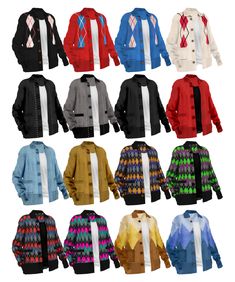 a bunch of sweaters that are all different colors and sizes, with the same pattern on them