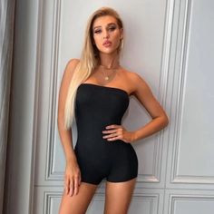 *Brand New* *True To Size* Black Stretch Strapless Jumpsuit, Chic Black Stretch Strapless Jumpsuit, Chic Black Strapless Stretch Jumpsuit, Sleek Black Fitted Strapless Jumpsuit, Trendy Black Strapless Jumpsuit For Night Out, Fitted Black Strapless Jumpsuit In Trendy Style, Shein Pants, Jumpsuits And Romper, Pant Jumpsuit