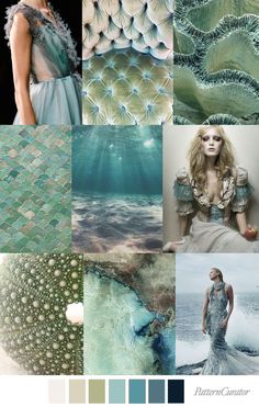 a collage of photos with different colors and textures, including the woman's dress