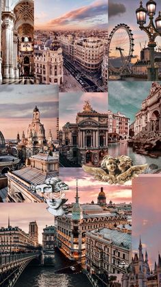 a collage of pictures with buildings and water