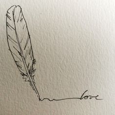 an ink drawing of a feather quill with the word love written on it, in cursive writing