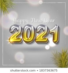 a happy new year 2021 greeting card with silver and gold numbers on a gray background