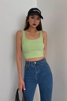 Green Cotton Camisole Crop Top, Green Fitted Vest Crop Top, Fitted Green Vest Crop Top, Green Crop Top Camisole, Green Casual Vest Crop Top, Casual Green Vest Crop Top, Trendy Green Vest Crop Top, Trendy Green Vest-style Crop Top, Green Sleeveless Casual Camisole