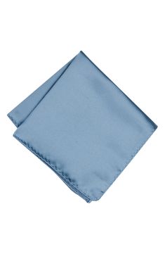 Solid coloring brings effortless versatility to a pocket square cut from lightweight satin to add polish and distinction to any formal or semiformal look. 12 1/2" square 100% polyester Dry clean Imported Elegant Blue Silk Pocket Square, Elegant Blue Rectangular Handkerchiefs, Blue Rectangular Pocket Square For Formal Occasions, Classic Blue Silk Pocket Square, Blue Groomsmen, Groomsmen Accessories, Square Cut, Blue Satin, Dusty Blue