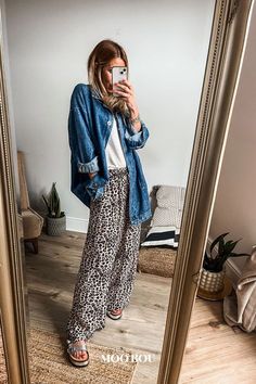 Our leopard print trousers paired with a denim shirt jacket are the ultimate casual chic outfit. Embrace the trending leopard print style while staying comfy for everyday wear. Tap to add a touch of wild to your spring wardrobe! 🐆💙 #SpringFashion #LeopardPrint #CasualChic #EverydayOutfit #TrendingStyle #ComfortWear Printed Trousers Outfit, Valentines Dresses, Leopard Trousers, Date Outfit Ideas, Cute Date, Animal Print Pants, Goddess Braids Hairstyles