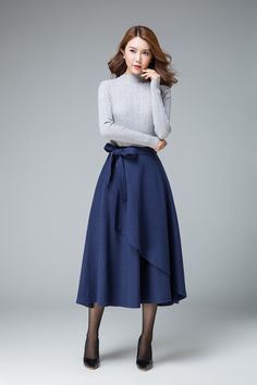 evening skirt, blue skirt, wool skirt, layered skirt, tie belt skirt 1 – XiaoLizi Feminine Winter Outfits, Warm Skirts, Womens Skirt Outfits, Belt Skirt, Best Winter Outfits, Skirt Wool, Evening Skirts, Rock Outfit, Womens Skirts