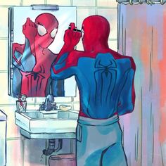 a spider man is looking at himself in the mirror