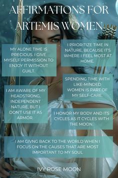 a poster with the words affirmations for ariemis women written below it